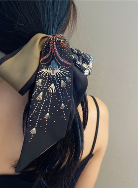 黑色烟花丝巾发带女多功能绑发森系超仙头饰法式复古飘带百搭丝带