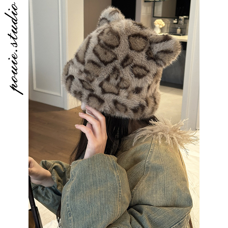 小熊耳朵豹纹毛绒渔夫帽保暖盆帽