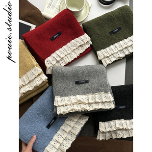 法式 氛围感百搭保暖护颈毛线围脖 蕾丝花边纯色针织围巾女秋冬新款