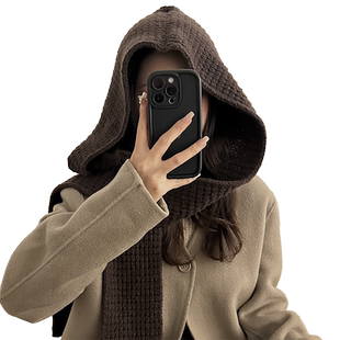 韩版镂空外搭针织连帽围脖女秋冬百搭保暖披肩假领子帽子围巾一体