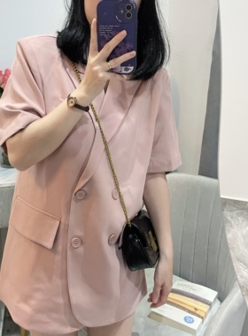 saina夏装新款韩版温柔樱花粉色双排扣小个子短袖OL通勤西装外套