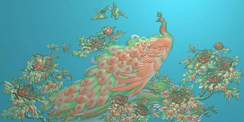 精雕图 孔雀牡丹788 花鸟东阳木雕工艺品挂屏手工雕刻扫描精雕图