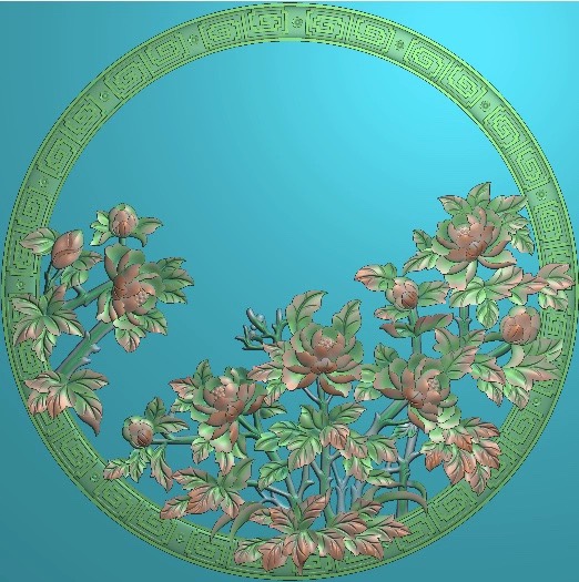 精雕图牡丹 100圆盘 花鸟东阳木雕工艺品挂屏手工雕刻扫描精雕图