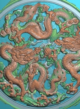 精雕图真龙圆盘二龙夺珠 双龙镂空3S2VC 灰度图东阳木雕工艺品