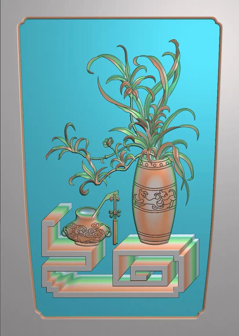 精雕图博古 2兰花背花 花瓶东阳木雕工艺品挂件挂屏扫描精雕图