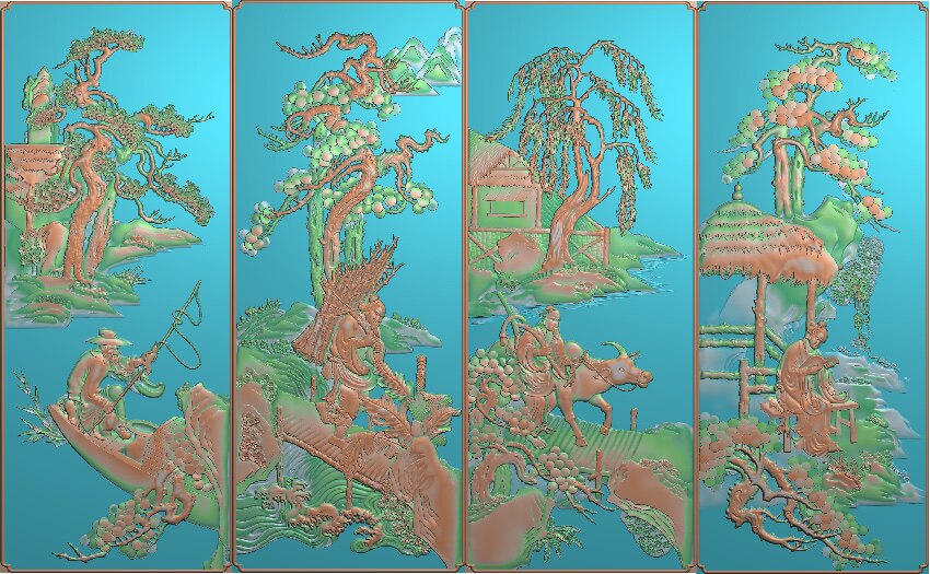 精雕图渔樵耕读人物山水 A-013渔樵 东阳木雕工艺品挂件挂屏屏风