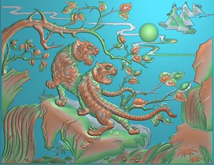 精雕图上山老虎 845-15A 动物灰度图东阳木雕工艺品挂件挂屏屏风