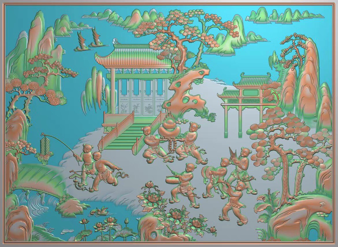 精雕图百子小孩 麒麟大平几面拼 人物东阳木雕工艺品挂屏手工雕刻