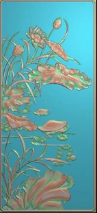 精雕图竖莲花 荷花螃蚵 东阳木雕工艺品挂件挂屏手工雕刻扫描