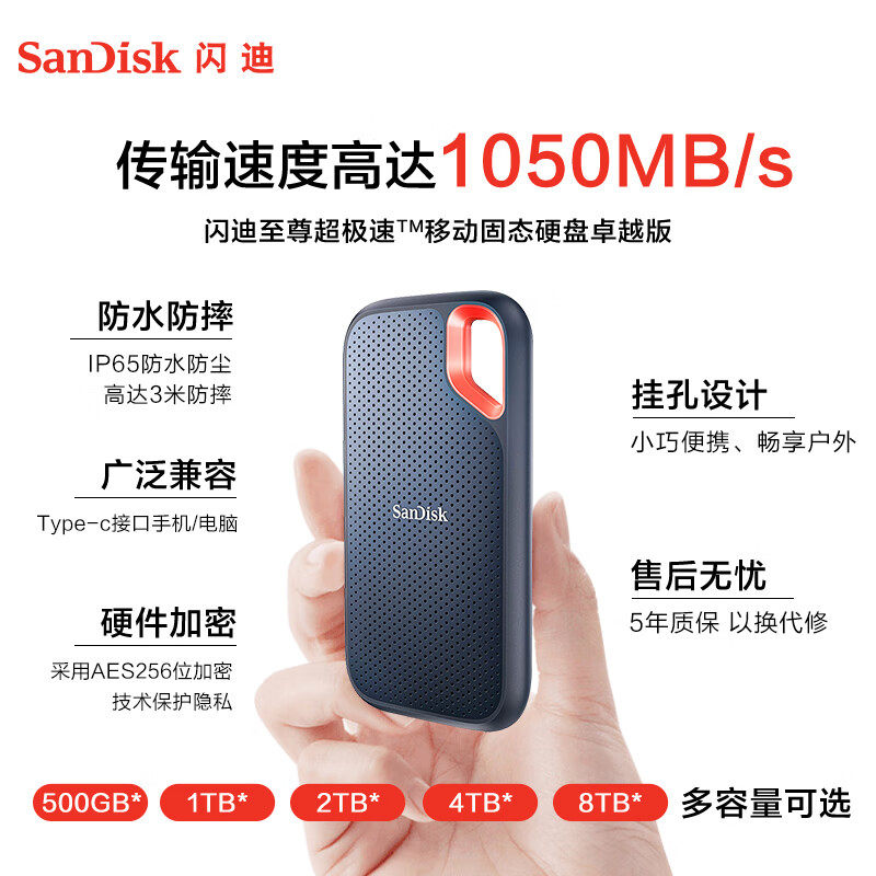 Sandisk闪迪移动固态高速USB3.2防震抗摔防水SSD移动硬盘1T 2T 4T