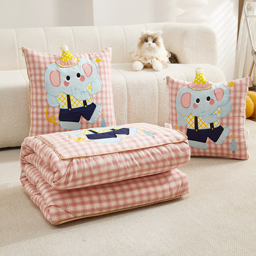 四季款全棉色织水洗棉纯棉小象两用汽车载二合一折叠多功能抱枕被