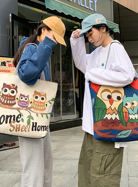 timely时尚女包新款单肩包帆布包短途旅行包绣花民族风大包电脑包