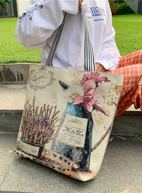 韩国简约清新复古时尚大容量文艺学生电脑包邮差旅行单肩包帆布包