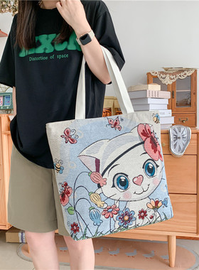 ins休闲卡通印花帆布包包女新款大容量单肩包百搭学生上课托特包