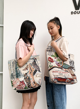 韩版大容量亚麻帆布单肩包女包2019新款潮穿搭可爱休闲包宽手提包