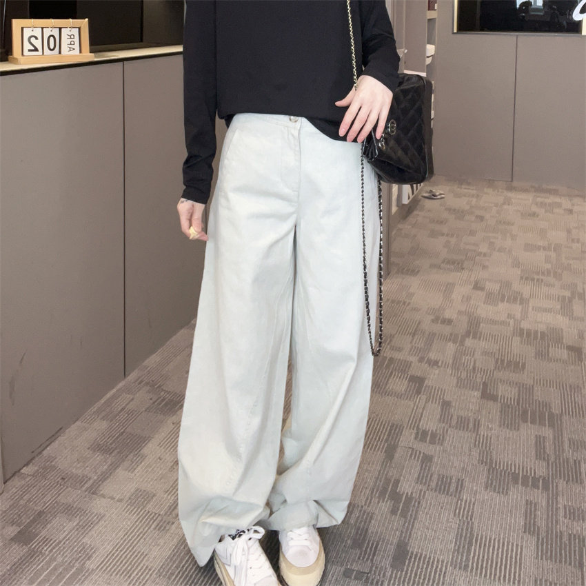 极简高腰阔腿牛仔裤女2026年春季新款浅色宽松显瘦垂感直筒长裤潮