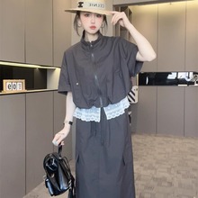 【现货】工装半身裙套装女2025夏新款拼蕾丝立领外套+长裙两件套