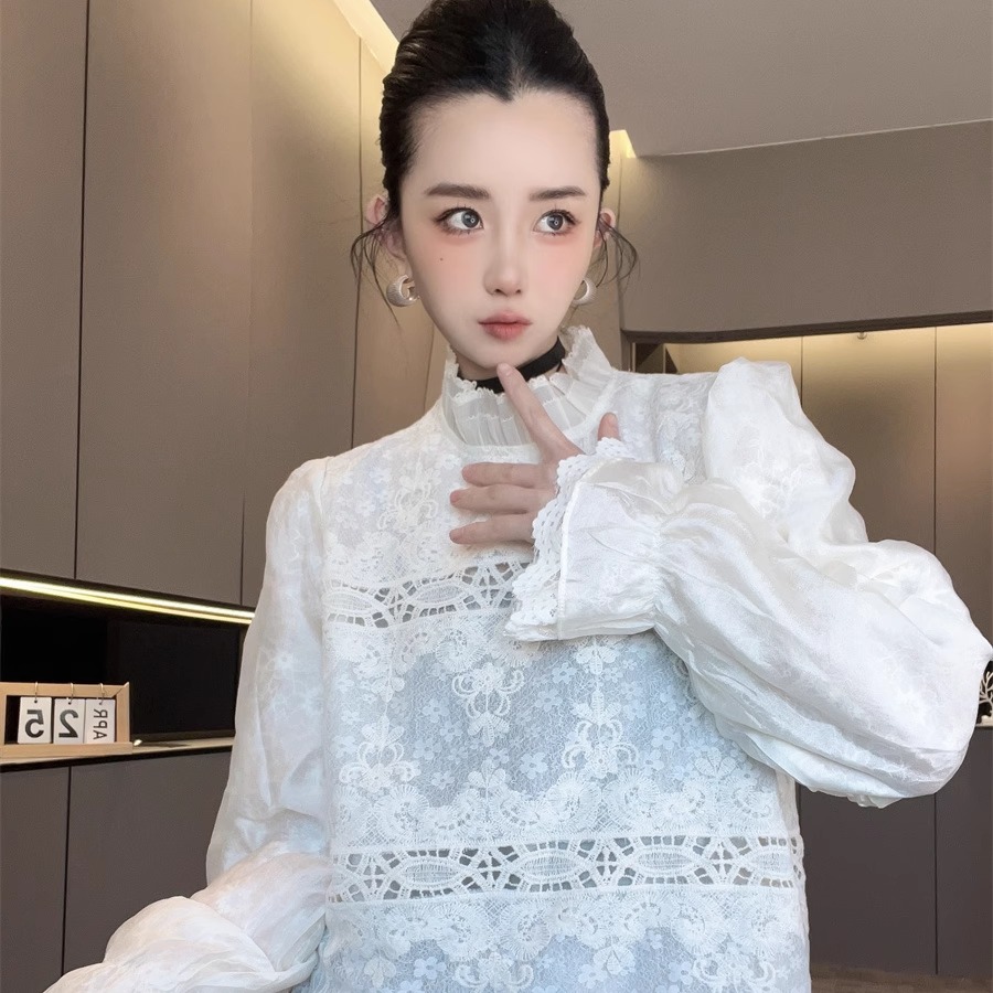蕾丝拼接长袖衬衫女2025新款
