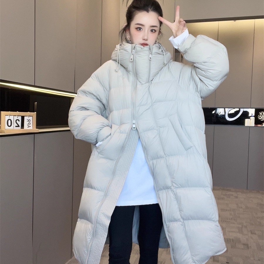 长款羽绒服女款2025新款冬季外套纯色连帽保暖面包服上衣欧洲站潮