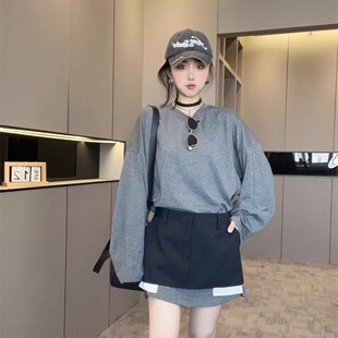 裙子欧货潮 秋圆领短裙高级感时尚 拼接假两件长袖 连衣裙女2025新款