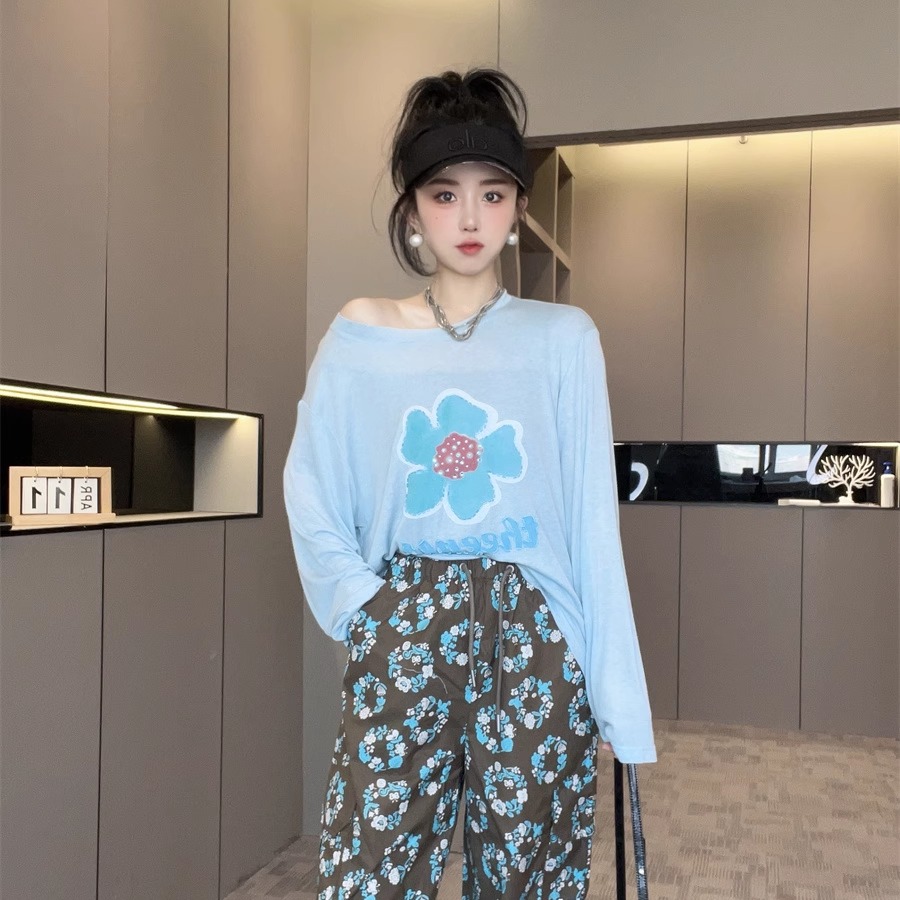花朵印花长袖T恤女2025新款夏季薄款圆领小衫宽松显瘦上衣欧洲站