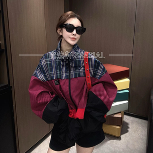 秋季 格子拼接拉链立领宽松夹克上衣欧洲站潮q 外套2025新款 女长袖