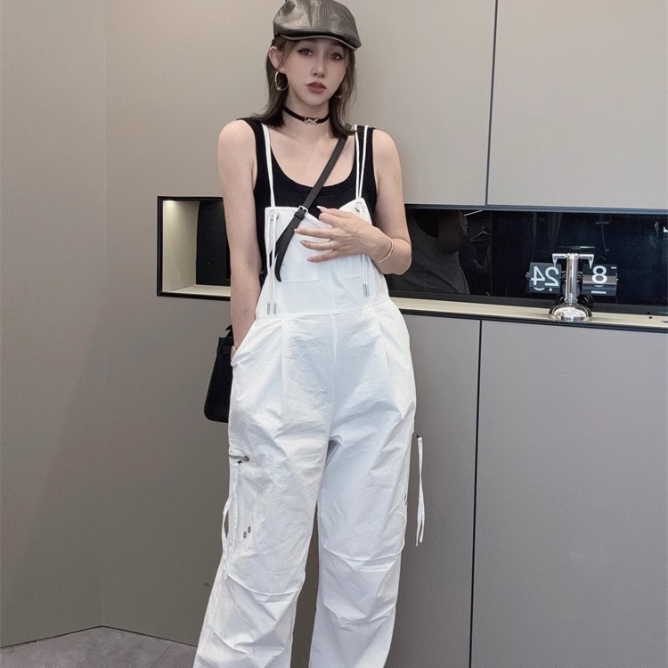 纯色工装背带裤女2025春秋新款系带抽绳口袋宽松长裤子欧洲站潮J