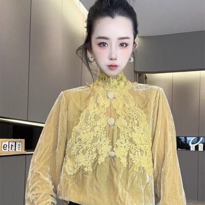 蕾丝拼接丝绒衫女款2025新款
