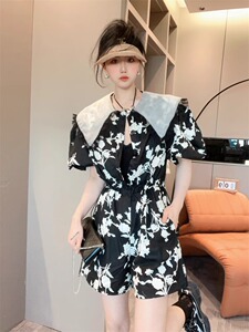 连体裤女2023年新款小个子短裤碎花娃娃领泡泡袖收腰短裤欧货爆款