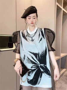 【现货】连衣裙小个子t恤裙女2023新款裙子网纱泡泡袖欧洲站女装