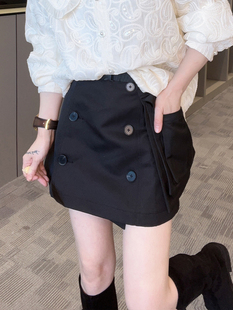 【现货】工装风双排扣短裙半身裙女2025卡扣黑色裙子口袋高腰裙