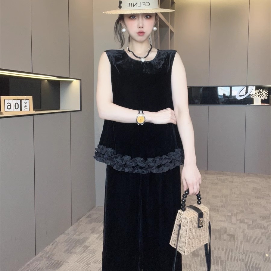 木耳边丝绒套装女2025新款夏季圆领背心+阔腿裤九分裤两件套欧货