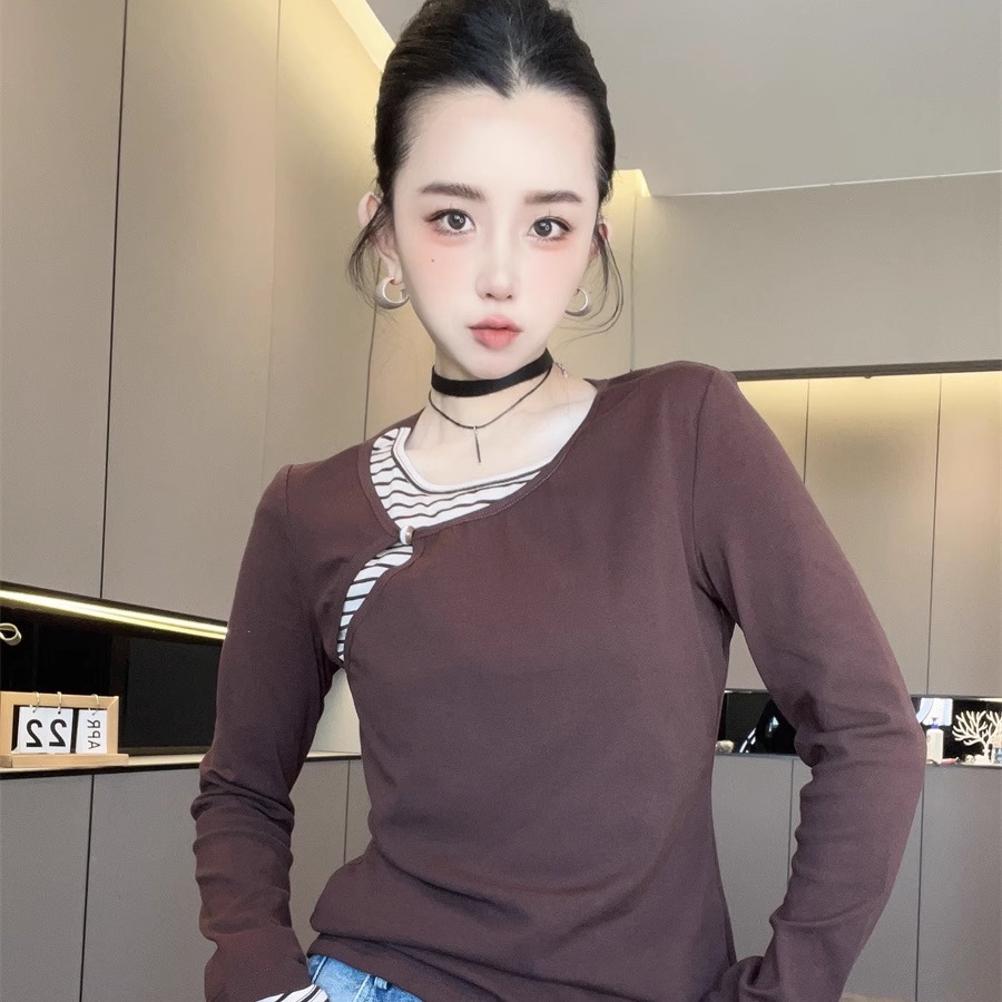 假两件T恤女2025新款秋冬条纹拼接圆领长袖小衫高端欧货洋气上衣