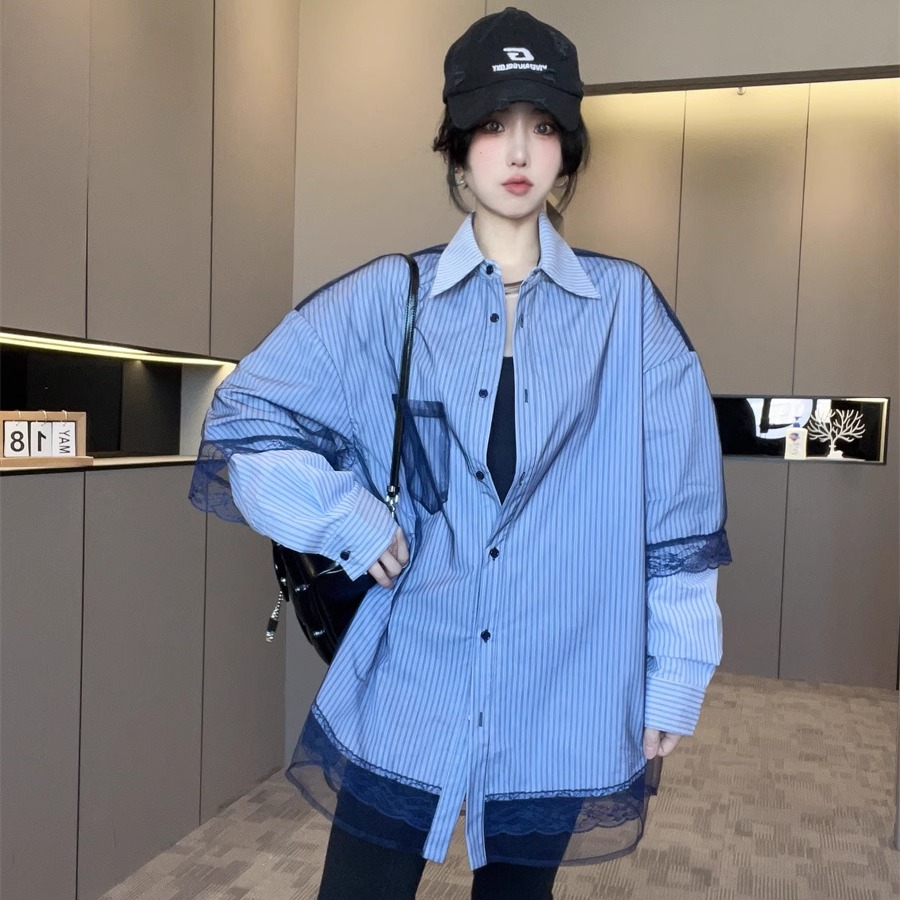 网纱拼接条纹长袖衬衫女2025早春新款上衣高级感轻奢减龄洋气衬衣