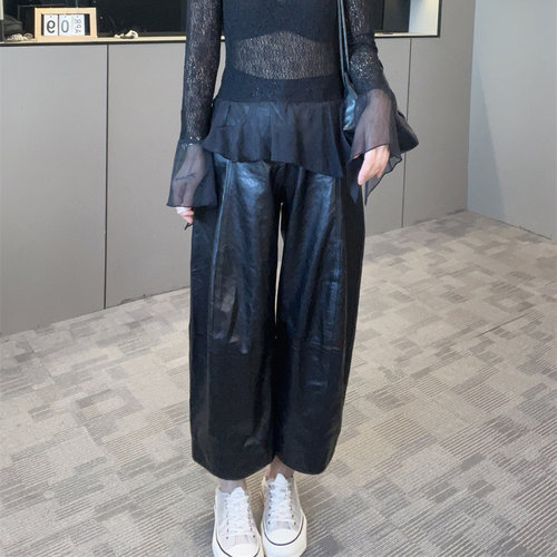 真皮绵羊皮高腰阔腿显瘦女皮裤