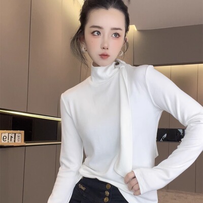 长袖T恤高领飘带小衫女款