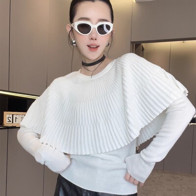 纯色针织衫褶皱圆领套头小衫女
