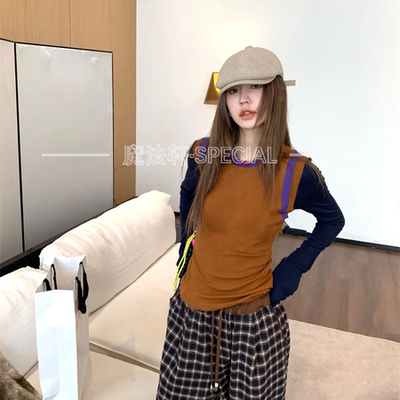 撞色拼接长袖T恤女2025新款