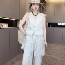 【现货】蕾丝拼接套装女2025新款夏V领马甲外套+阔腿裤长裤两件套