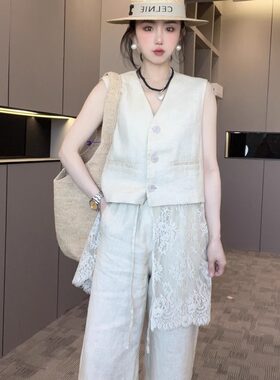 蕾丝拼接套装马甲外套阔腿裤长裤