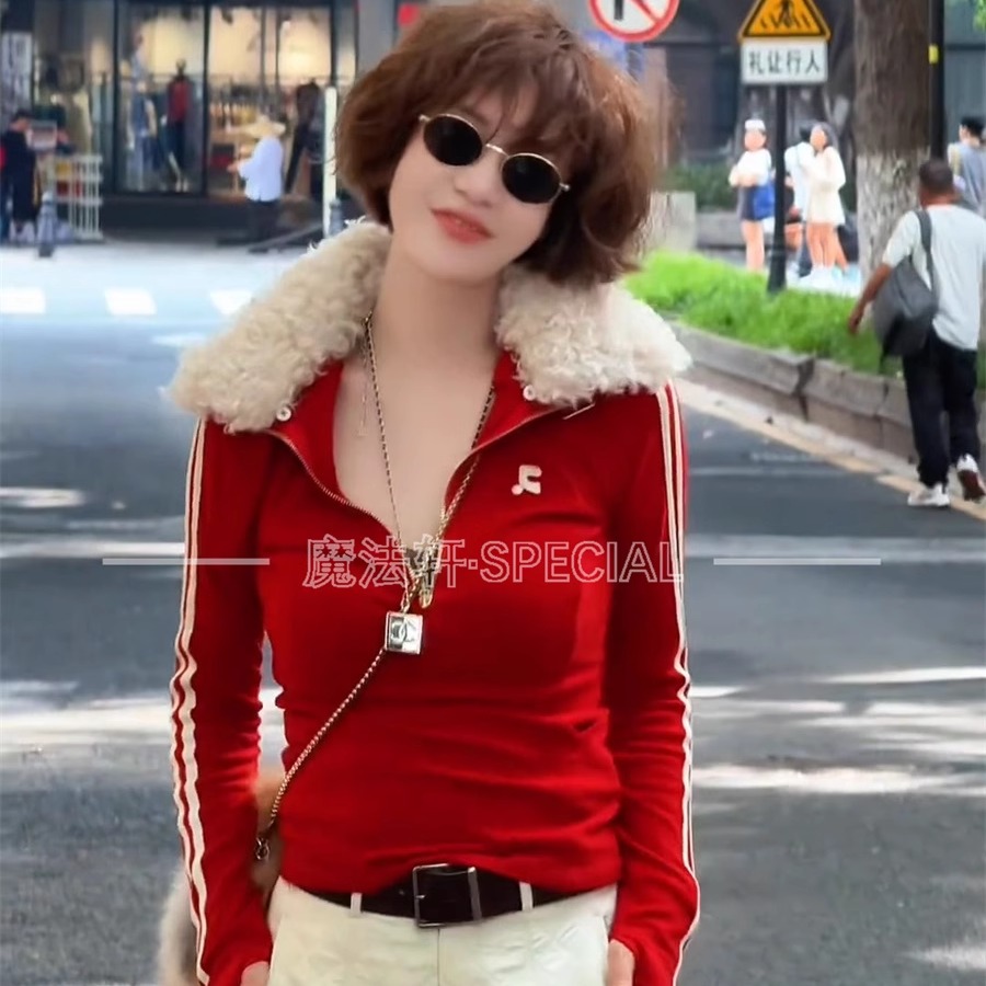 毛领长袖T恤女2025新款