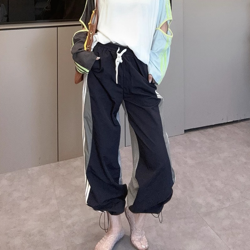 运动裤休闲裤女款2025新款春夏抽绳束脚侧条纹宽松长裤子欧洲站j
