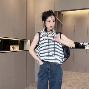 中性休闲风连帽套头宽松上衣欧洲站潮 无袖 条纹帽衫 女2025夏季 新款