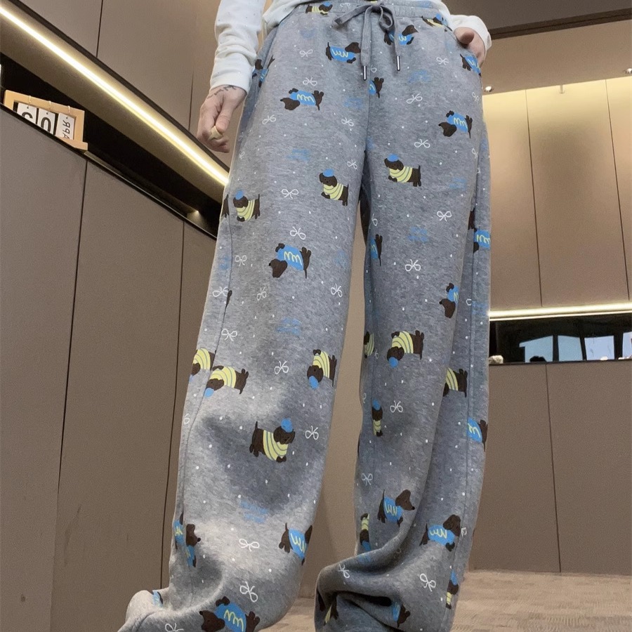 卡通小狗印花加绒卫裤女