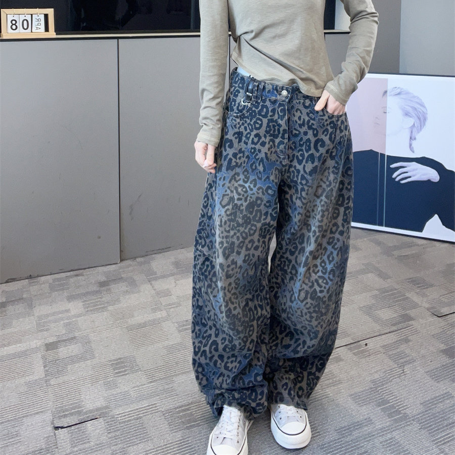 秋新设计感豹纹阔腿牛仔裤女