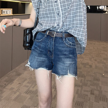 破洞毛边牛仔裤短裤女2025新款夏季腰带高腰显瘦热裤欧洲站裤子潮