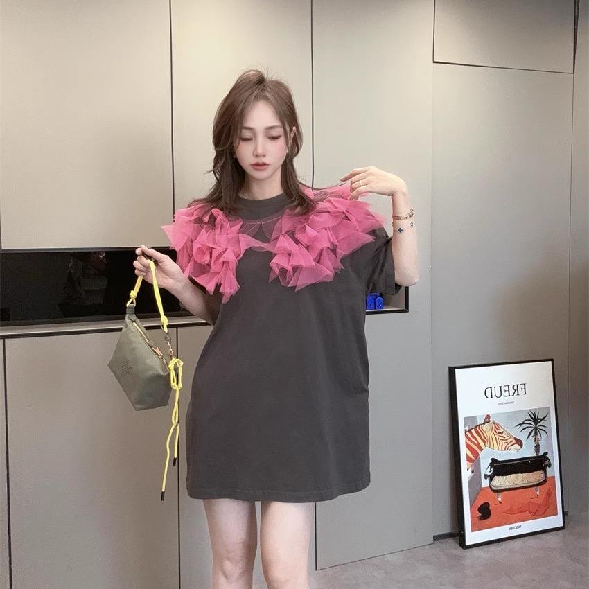 n99欧洲站连衣裙2025女新款裙子拼接网纱欧货T恤裙设计感夏爆款j