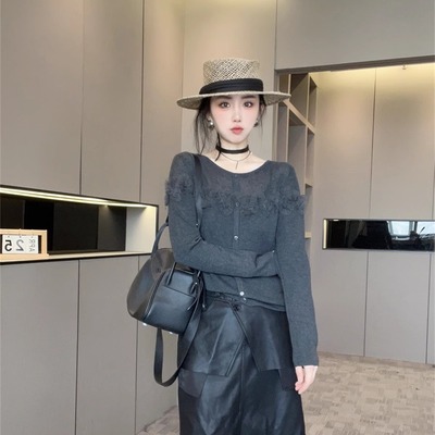 木耳边长袖针织衫女2025新款