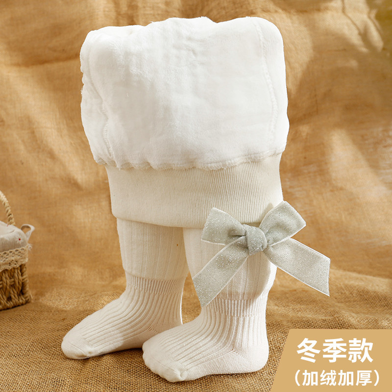 婴儿连裤袜秋冬超厚大PP宝宝打底裤加绒加厚儿童连脚绒布蝴蝶结