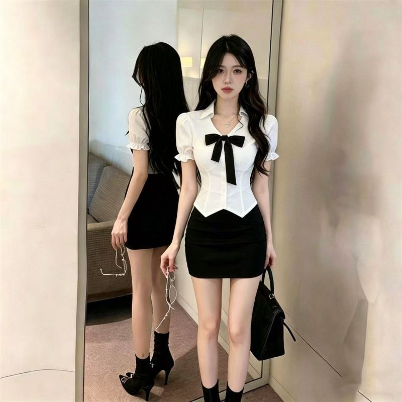2026韩系JK制服衬衫新款赫本风收腰修身衬衣包臀裙沐足工作套装
